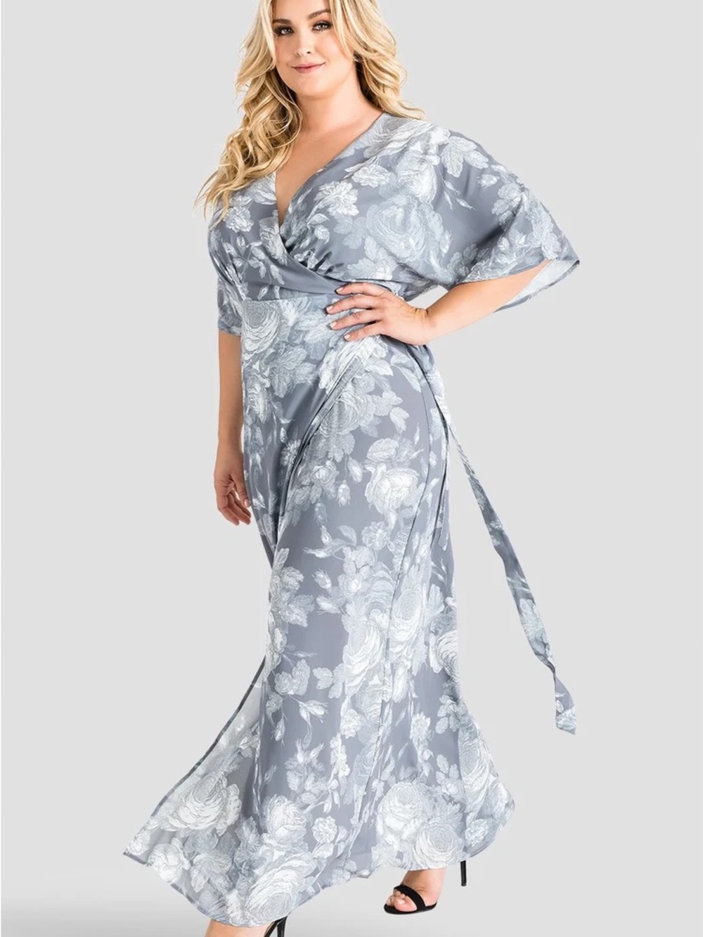 Standards & Practices Gray Floral Print Chiffon Kimono Wrap Maxi Dress. 3X